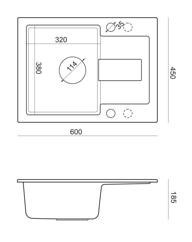 Куадри Сътън Антрацит Гранитна Мивка за Монтаж 60x45см с Отцедник, Обратима със Черна Запушалка - 1208967586