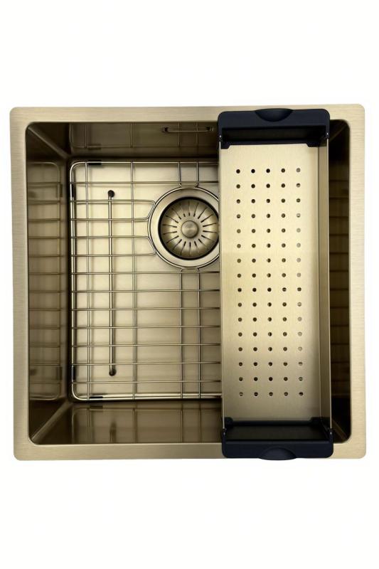 Pure.Sink Prestige мивка 40x40 см PVD злато 10 мм радиус за вграждане, плосък монтаж и надграждане PPG4040-60