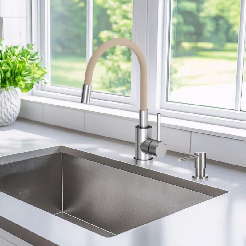 Квадри Бристол Кухненски смесител от неръждаема стомана с гъвкав бежов чучур 1208967664