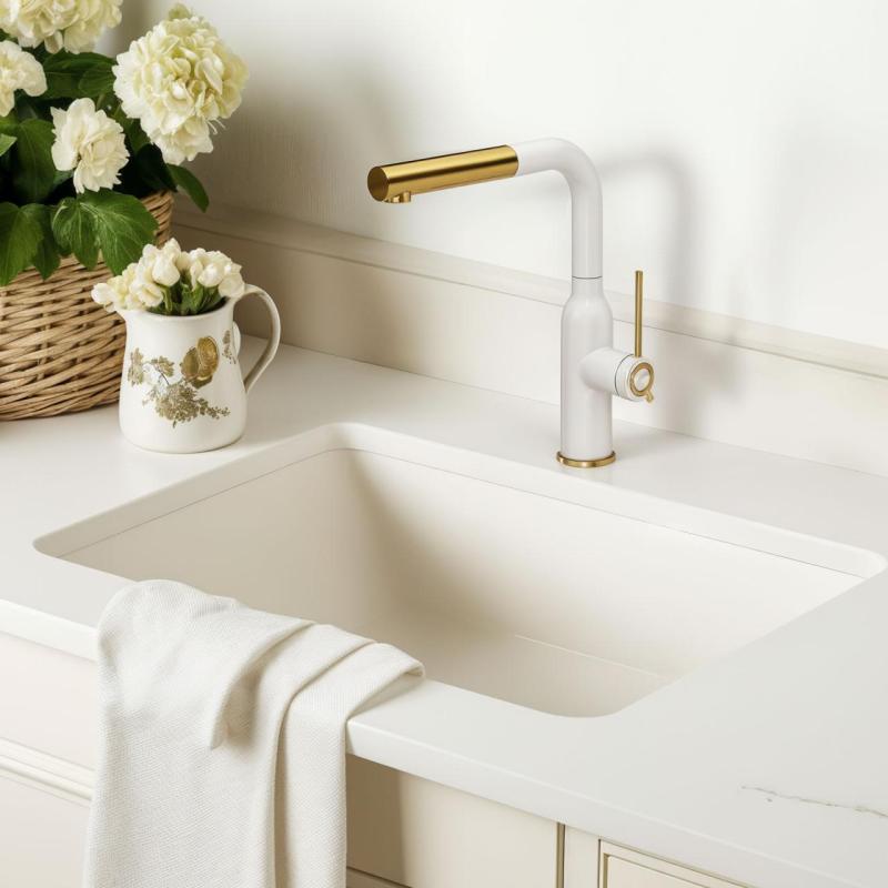 Куадри Стамфорд кухненски смесител бял с PVD златно покритие и изваждащ се чучур 1208967686