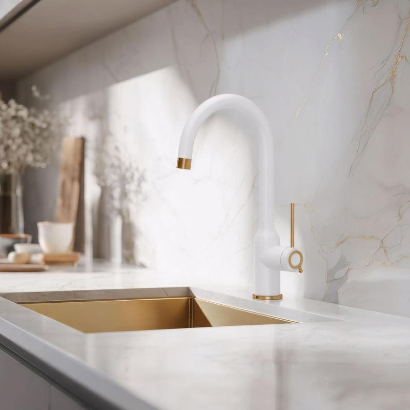 Куадри Стамфорд кухненски смесител бял с медно покритие с въртящ се кръгъл чучур 1208967711