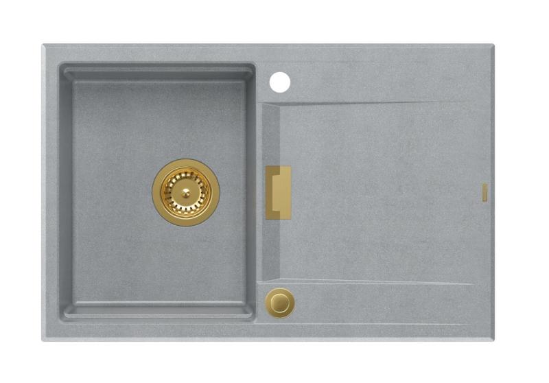 Куадри Минтон Гранитна Мивка на Плот Сива 76x50см с Отцедник Обратим и Златна Запушалка - 1208967742