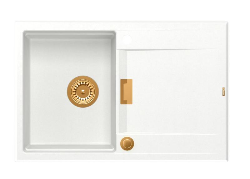 Куадри Минтон Гранитна Мивка за Монтаж, Бяла, 76x50см с Обратим Сушилник и Медна Запушалка – 1208967749