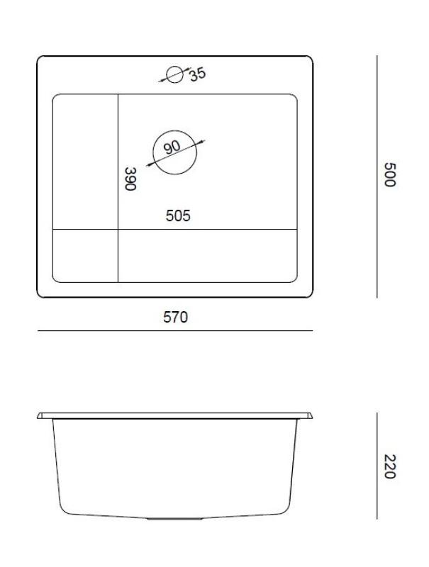 Куадри Шефилд Антрацит Гранитна Мивка за Надстройка или Монтаж в Равнината 57x50 cm с Отвор за Смесител и Златна Запушалка - 1208967813
