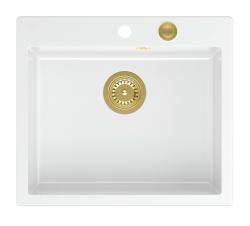 Куадри Шефилд Бяла Гранитна Мивка за Монтаж отгоре или наравно 57x50 см с Отвор за Смесител и Златна Запушалка - 1208967817
