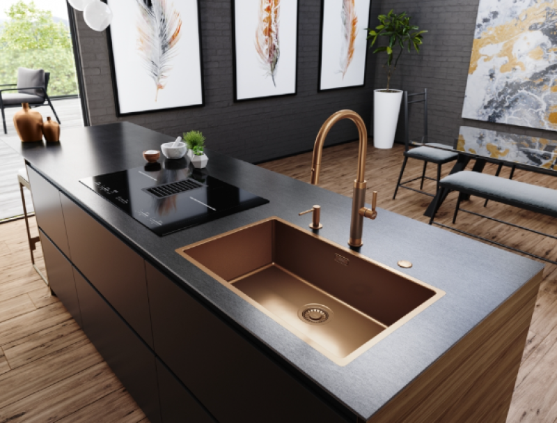 Franke Mythos Masterpiece Кухненски смесител Мед с J-образен чучур и Изтеглящ се душ - 115.0711.557