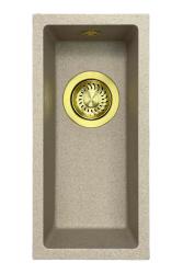 ГранитМай Универсална гранитна бежова пясъчна малка мивка 17x40 см за монтаж отгоре, отдолу и наравно с плот със златна тапа 1208968003