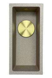 ГранитМай Универсална гранитна бежова пясъчна малка мивка 17x40 см за монтаж отгоре, отдолу и наравно с плот със златна тапа 1208968003