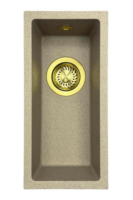 ГранитМай Универсална гранитна бежова пясъчна малка мивка 17x40 см за монтаж отгоре, отдолу и наравно с плот със златна тапа 1208968003