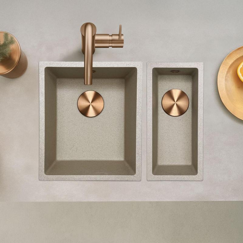 GraniteMy Universal гранитна бежова малка мивка 17x40 cm за монтаж върху плот и вграждане с месингов запушалка 1208968004