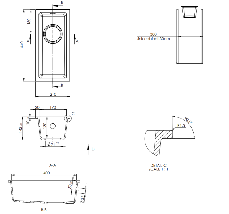 GraniteMy Universal гранитна мивка в бежов цвят, с размери 17x40 см, подходяща за монтаж върху плот, под плот и на едно ниво с плота, с метална тапа в цвят "gun metal" 1208968006.