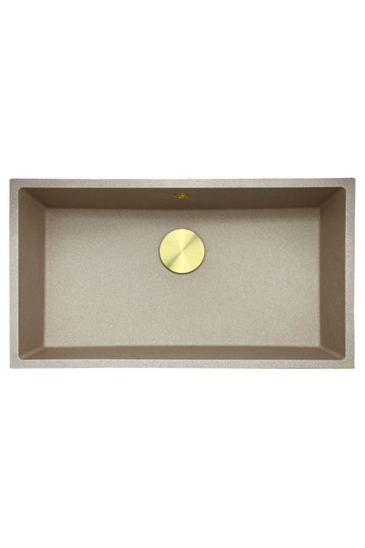 Гранитната мивка GraniteMy Universal от гранит в бежов цвят, размери 74x40 см, за монтаж на плот, под плот и на едно ниво с плота, с златен сифон, артикулен номер 1208968018