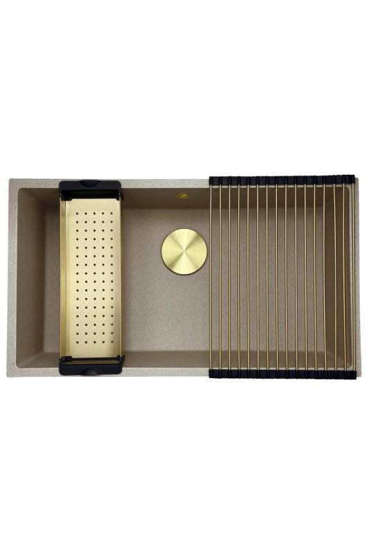 Гранитната мивка GraniteMy Universal от гранит в бежов цвят, размери 74x40 см, за монтаж на плот, под плот и на едно ниво с плота, с златен сифон, артикулен номер 1208968018