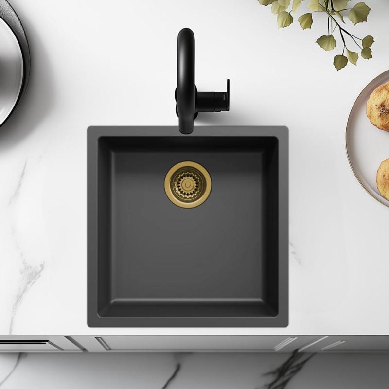 Черна мивка 40x40 см за вграждане, надплот и равноплот с златен сифон 1208968034