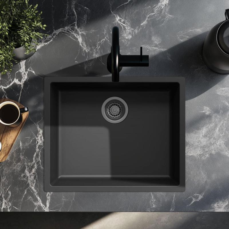 Черна мивка 50x40см за вграждане, върху плот и на едно ниво с плот с тапа в цвят gun metal 1208968038