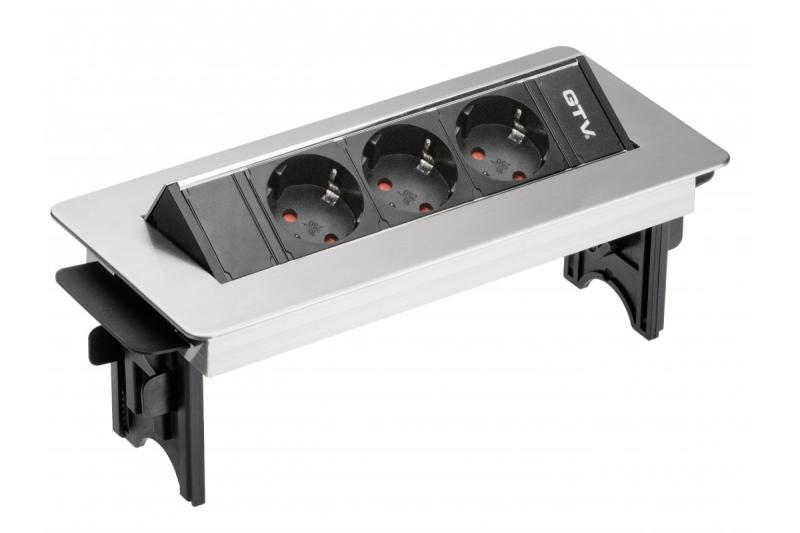 Разширителен кабел за бюро без касетка 3x schuko гнездо, 1.5m захранващ кабел с inox щепсел (монтаж с винтове)