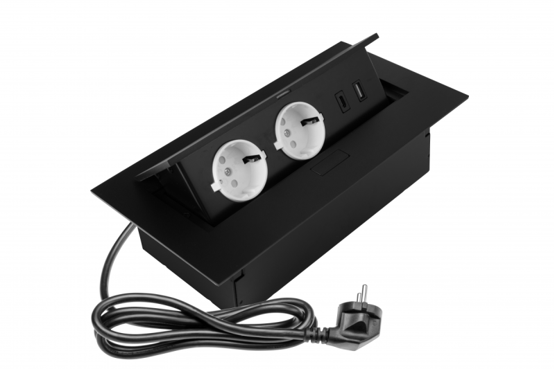 Мебелен контакт 2x schuko контакт, USB A+C, без кабел, черен