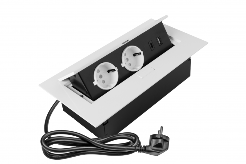 Мебелен контакт 2x контакт със заземяване, USB A+C, захранващ кабел с щепсел, бял