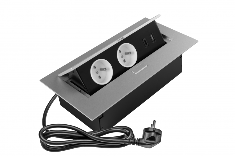 Мебелен контакт 2x контакт със заземяване, USB A+C, захранващ кабел с щепсел, алуминий