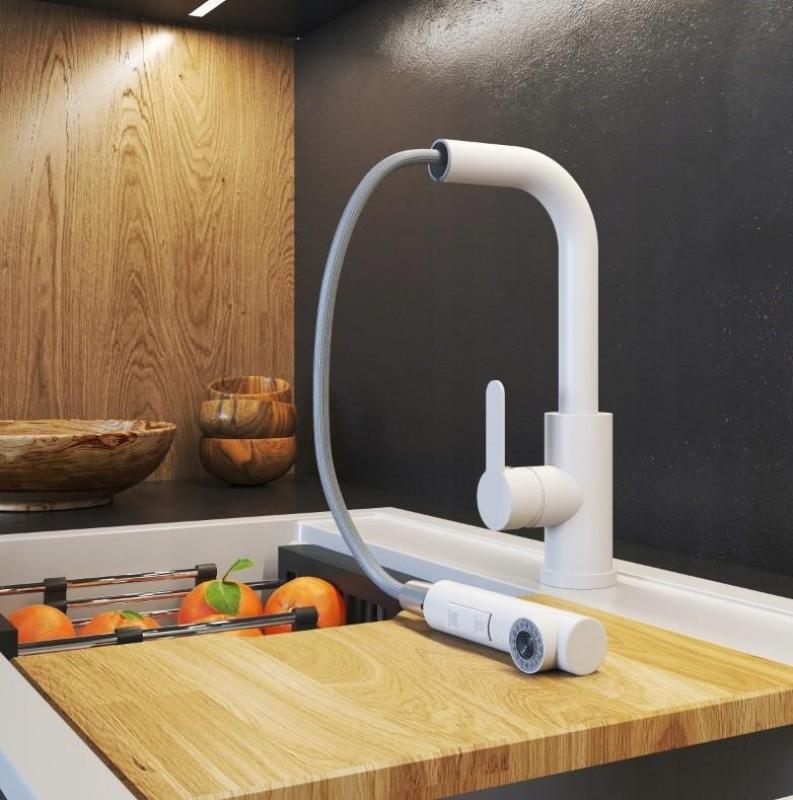 Гранитланд Celeste кухненски смесител бял с изтеглящ се чучур и ръчен душ с двойна функция 1208969526