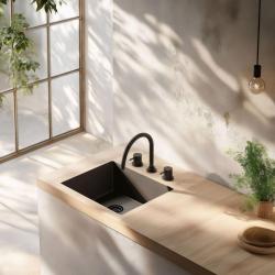 Waterevolution Flow 3-дупкова кухненски смесител с въртящ се чучур и връзка за филтрирана вода черен T152UPR