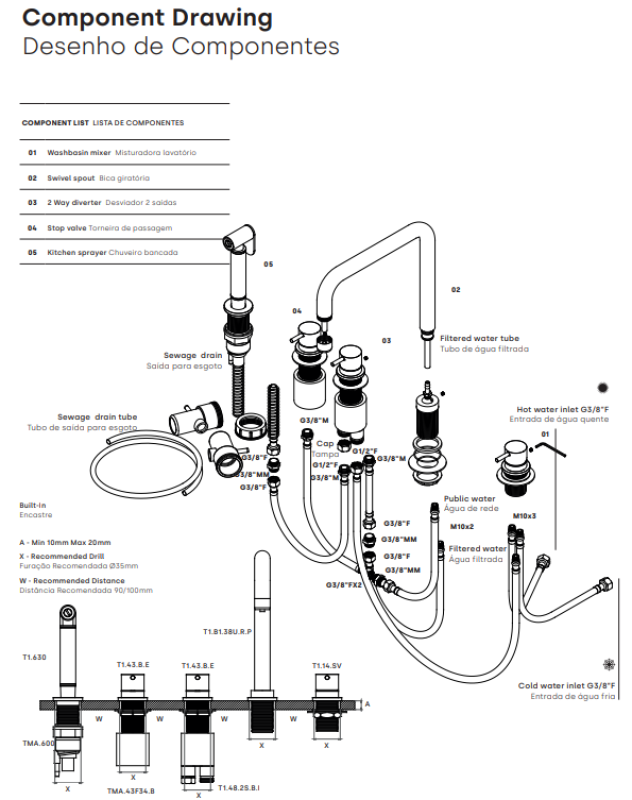 Waterevolution Flow 5-отворен ъглов кухненски смесител с изтеглящ се душ и връзка за филтрирана вода бял T154HBR
