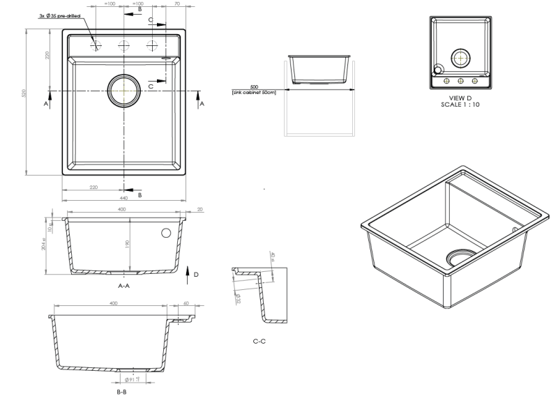 GranitMy Bremen Гранитна мивка 44x52 cm Черна – Надплот, Подплот и Равноплот с място за смесител и неръждаема запушалка 1208969991