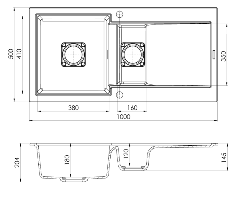 Гранитна мивка GraniteMy Zafiri Черен гранит, 1,5 корито, 100x50 см с отцедник, обръщаема, с черен квадратен капак на сифона 1208969998