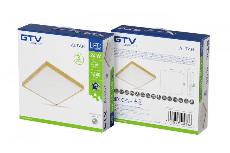 ALTAR LED Таванна лампа, 295x295mm, 4000K, 24W, 1680lm, AC180-250V, 50/60 Hz, PF>0.5, IP44, Златист, 3 години гаранция.