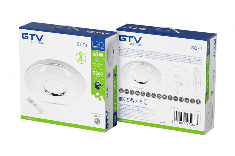 SORI LED таванна лампа, Ø490mm, CCT, 48W, 3840lm, AC180-250V, 50/60 Hz, PF>0,9, IP54, дистанционно управление, бял, 3 години гаранция.