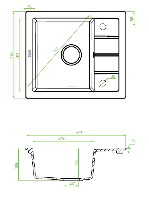Аквадизайн Съмърсет Гранитна Надеждна Мивка Антрацит с малка Отцедна Част 570 x 495 мм 1208970084
