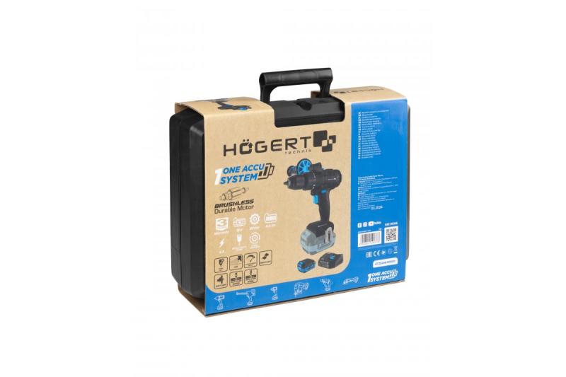 HÖGERT Brushless акумулаторен комплект отвертки, 18V, с държач за битове, битмагазин, зарядно устройство и батерия.