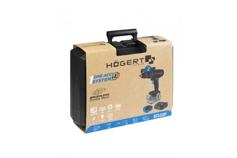 HÖGERT Brushless акумулаторен комплект отвертки, 18V, с държач за битове, битмагазин, зарядно устройство и батерия.