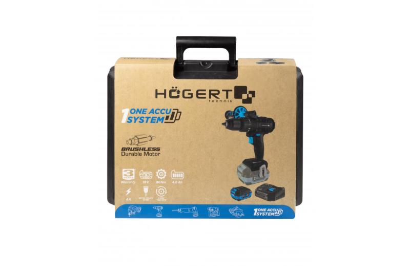 HÖGERT Brushless акумулаторен комплект отвертки, 18V, с държач за битове, битмагазин, зарядно устройство и батерия.