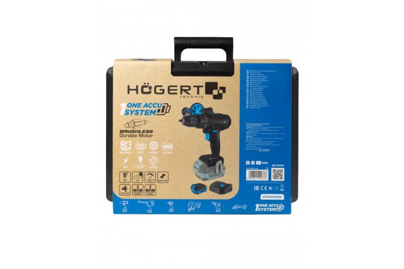 HÖGERT Brushless акумулаторен комплект отвертки, 18V, с държач за битове, битмагазин, зарядно устройство и батерия.