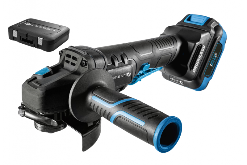 HÖGERT Двуканална ъглошлайф машина с paddle-превключвател, 125MM, 18V - Комплект (батерия, зарядно устройство, аксесоари)