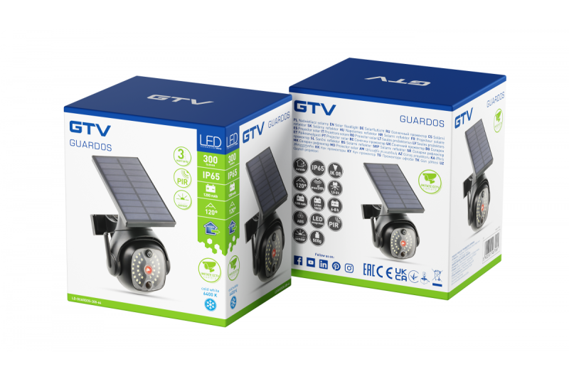 Соларен прожектор с датчици за движение и здрач, GUARDOS, LED, 300lm, 6400K, 1200mAh, IP65, датчик-макет