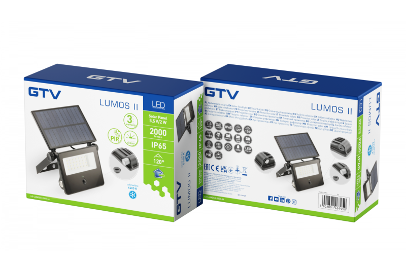 Слънчево прожекторно осветление LUMOS II, LED, 2000lm, 6400K, 2600mAh заменяемо, IP65, черно