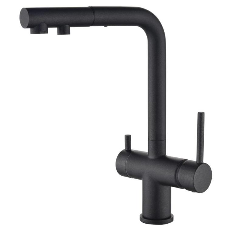 Ausmann Ellington 3-посочен кухненски смесител с издърпващ се чучур и филтрирана вода – Антрацит - 1208970495