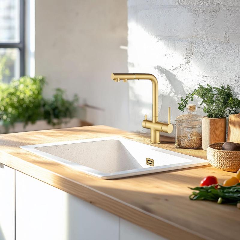 Ausmann Ellington 3-пътен кухненски смесител с изтеглящ се чучур и филтрирана вода – Злато - 1208970498