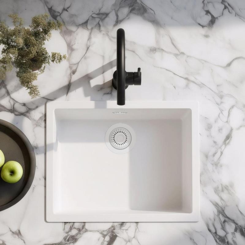 Бяла мивка 50x40 см за вграждане, монтиране отгоре и наравно с плота с бял клапан 1208970531