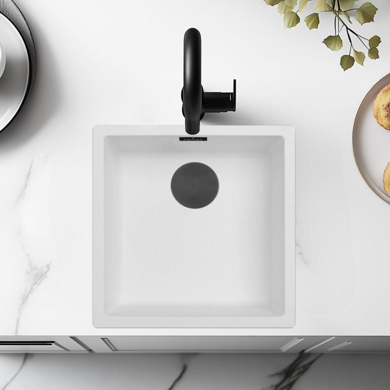 Бяла мивка 40x40 см за монтаж отдолу, отгоре и плоско монтаж с матов черен щепсел 1208970535