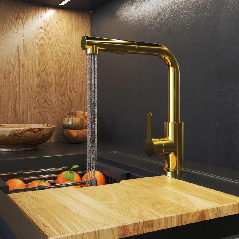Granitland Celeste кухненски смесител златен с изтеглящ се чучур и двуфункционален ръчен душ 1208970664