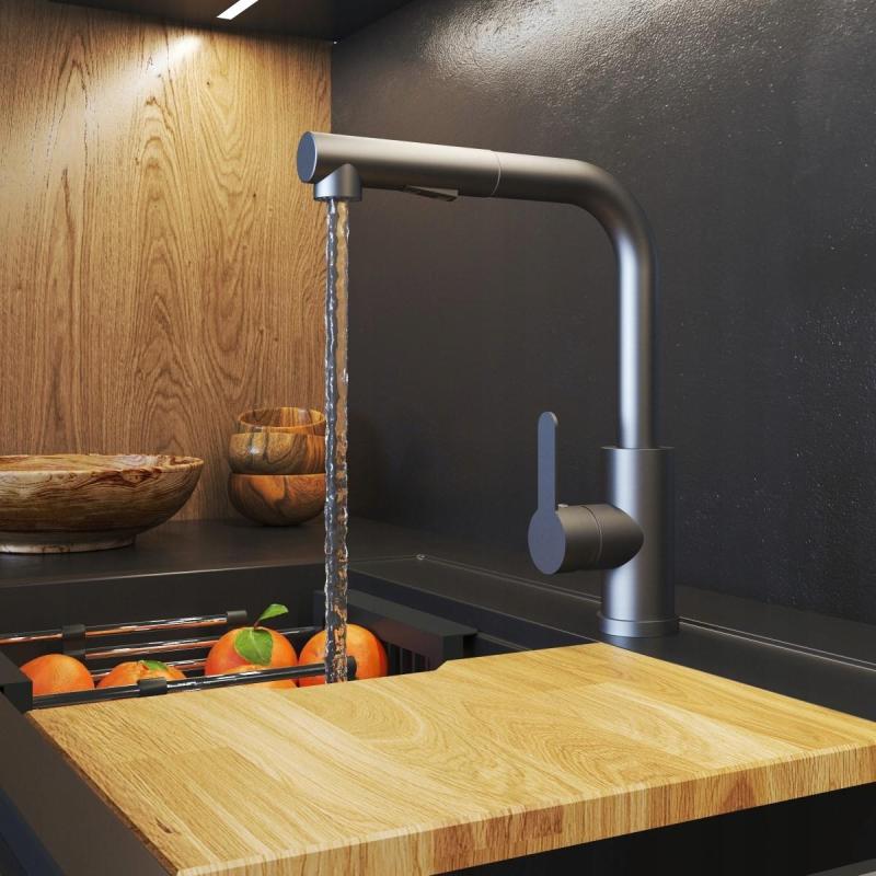 Гранителенд Челест мивков смесител за кухня Gun metal с издърпващ се чучур и двуфункционален ръчен душ 1208970666