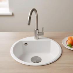 GraniteMy Bremen кръгла гранитна мивка 43 см бяла, за монтаж отгоре и отдолу, с отвор за чешма и щепсел от пистолетов метал 1208971220