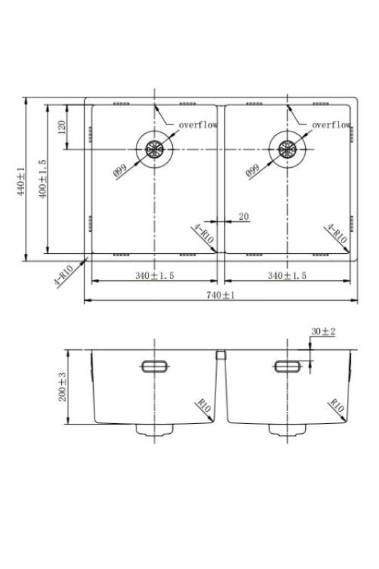 Pure.Sink Prestige Двоен гън метал мивка 70x40 cm 10mm радиус подградна, плоска и надградна PPG343440-61