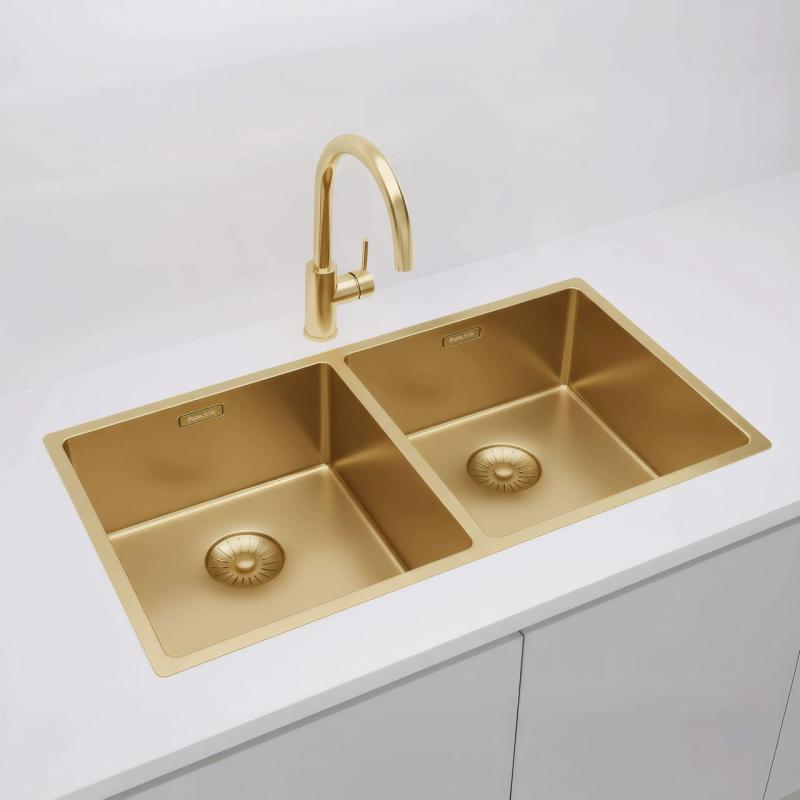 Pure.Sink Prestige Двойно златно мивко 82x40 см 10mm радиус за вграждане, плоско монтиране и надстройка PPG404040-60