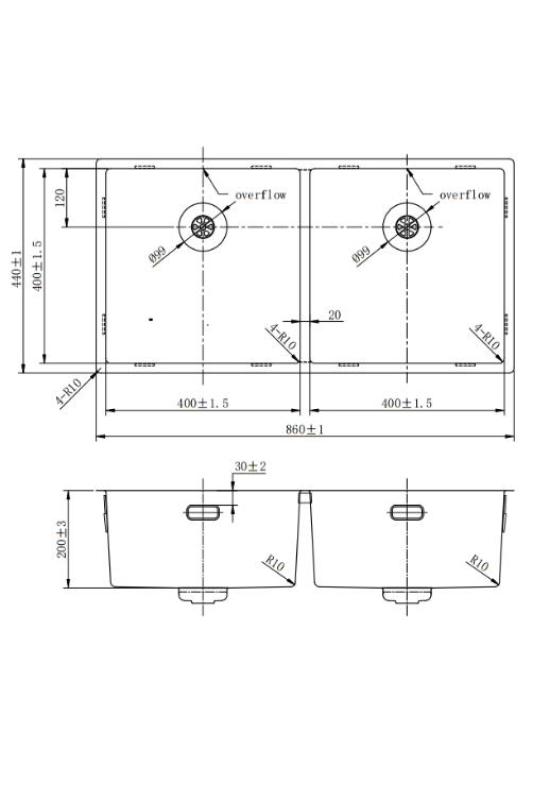 Pure.Sink Prestige Двойно медно мивко 82x40 см 10mm радиус подградна, вградена и надстройка PPG404040-62