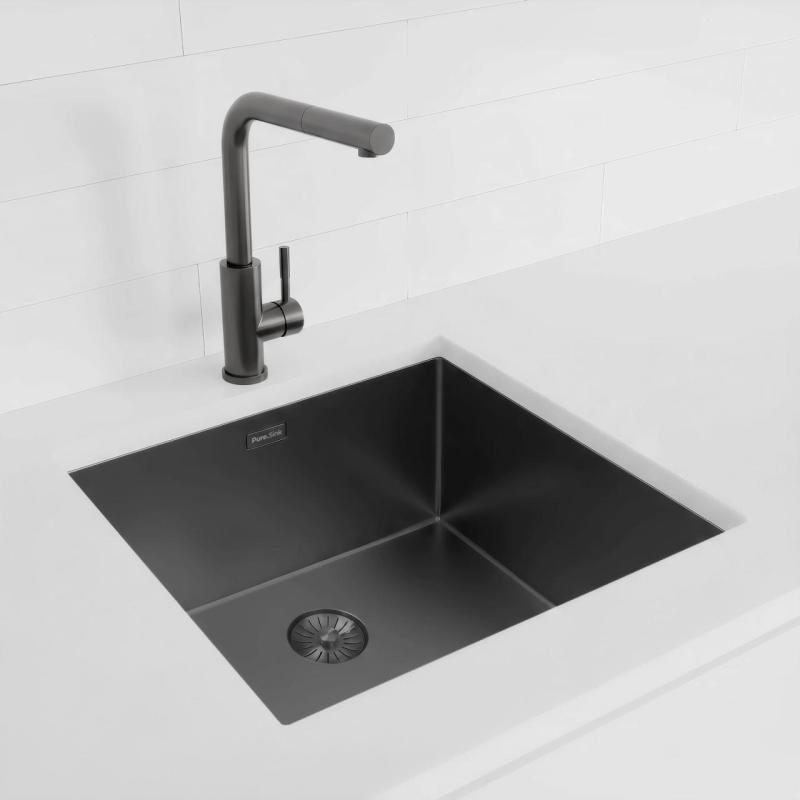 Pure.Sink Exclusivo Гън метал мивка 45x40 см 10mm радиус подградна, плоска градка и надградка PEX4540-61