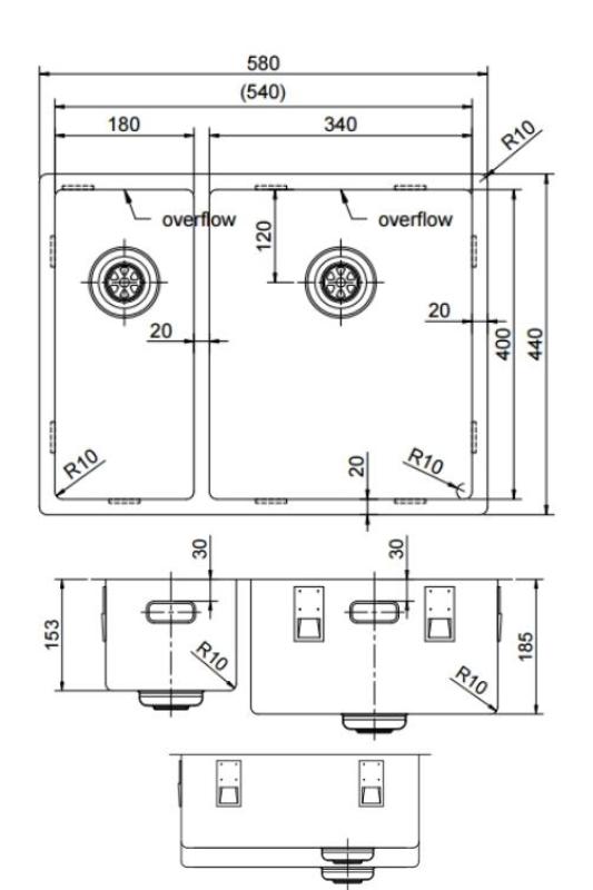 Pure.Sink Exclusivo Меден 1,5 половин чешми 18+34cm 10mm радиус PEX183440-62